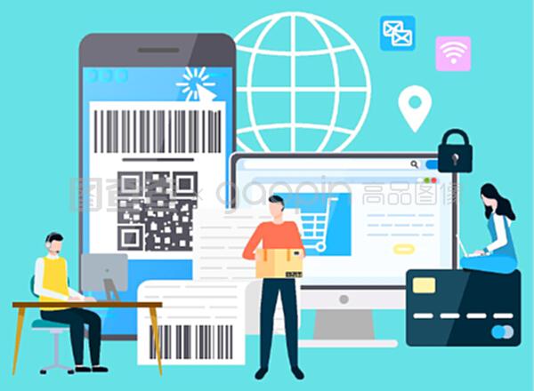 有支付保障的智能手機和計算機,購物和送貨。網上支付系統,帶筆記本電腦的字符。平面卡通風格的矢量插圖。國際商務現代技術小工具